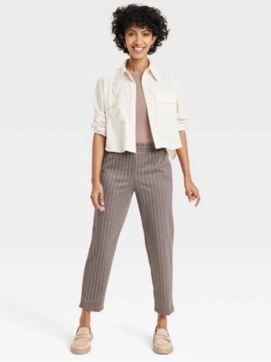 A New Day Taupe Pinstripe High Rise Tapered Ankle Pants Large NWT - Picture 1 of 4